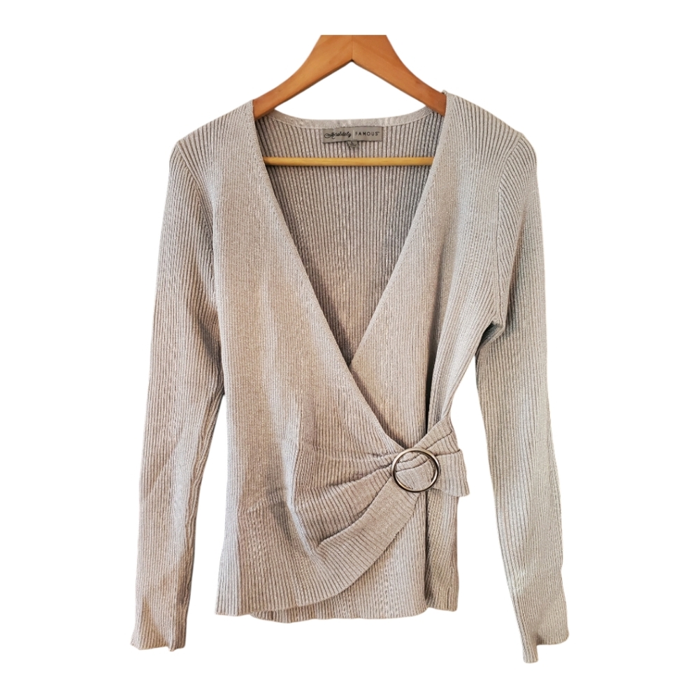 Absolutely Famous grey/silver glitter faux wrap sweater top Size L